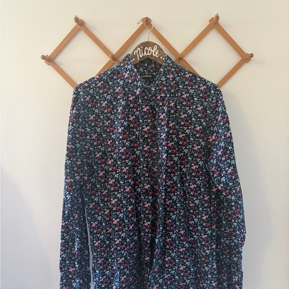 Express Men's Navy Floral Button-Down Shirt with Red and Light Blue Accents